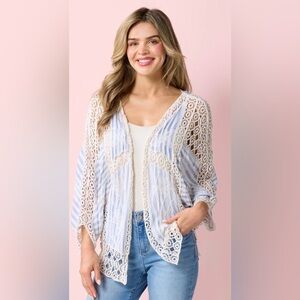 Roffe Striped Crochet Kimono in Cream and Blue
